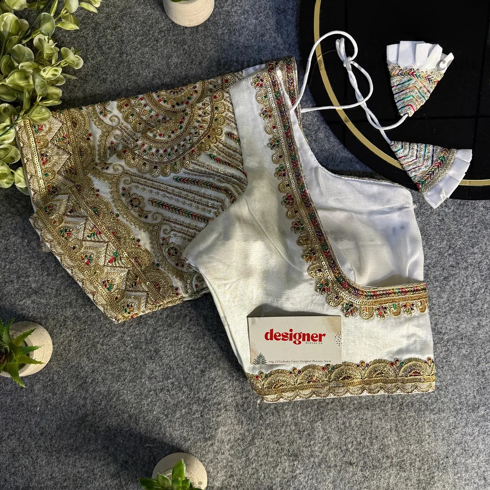 White Front Open Embroidery Work Gajji Silk Designer Blouse — view 1