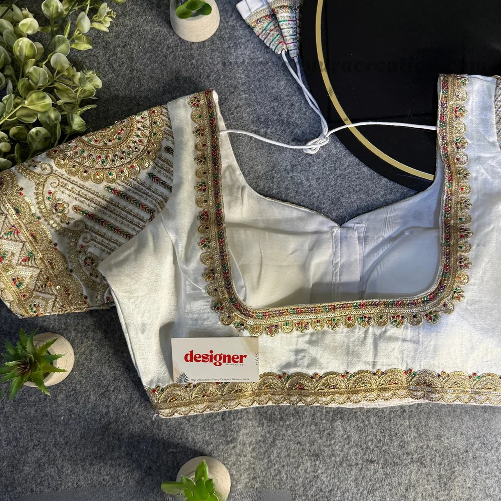 White Front Open Embroidery Work Gajji Silk Designer Blouse — view 2