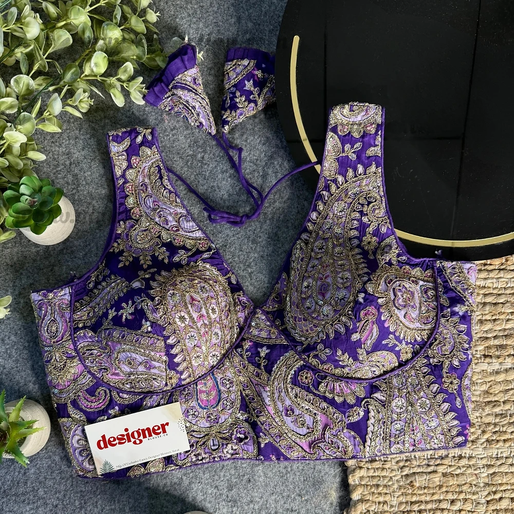Purple Embroidery Work V Neck Halter Neck Designer Blouse — view 1