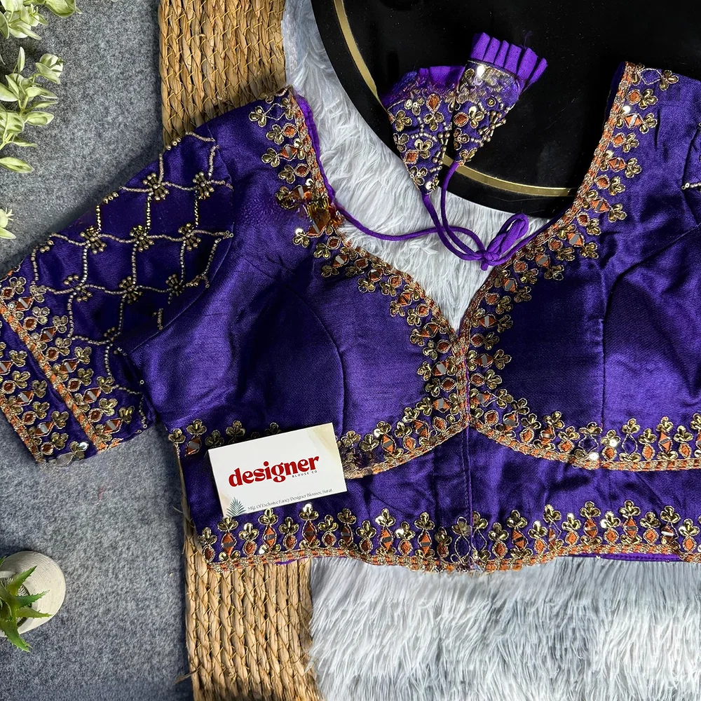 Purple Italian Silk Heavy Embroidery & Beads Work Wedding Blouse — view 1