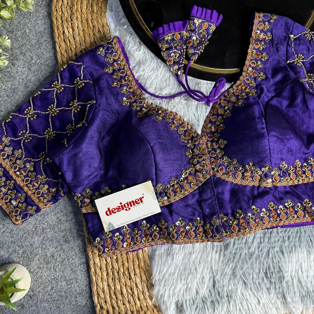 Purple Italian Silk Heavy Embroidery & Beads Work Wedding Blouse — view 2