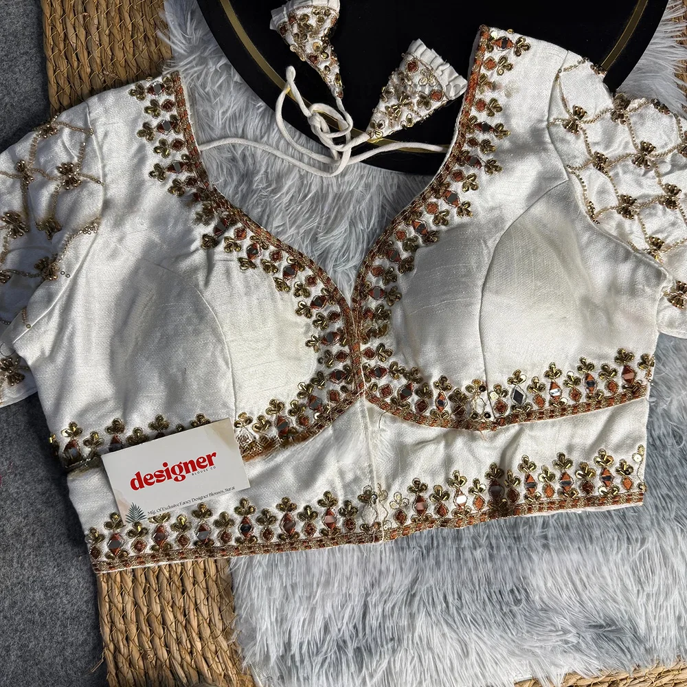 White Italian Silk Heavy Embroidery & Beads Work Wedding Blouse — view 1