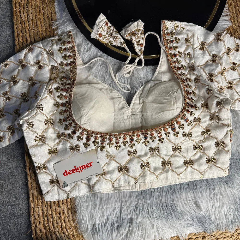 White Italian Silk Heavy Embroidery & Beads Work Wedding Blouse — view 2