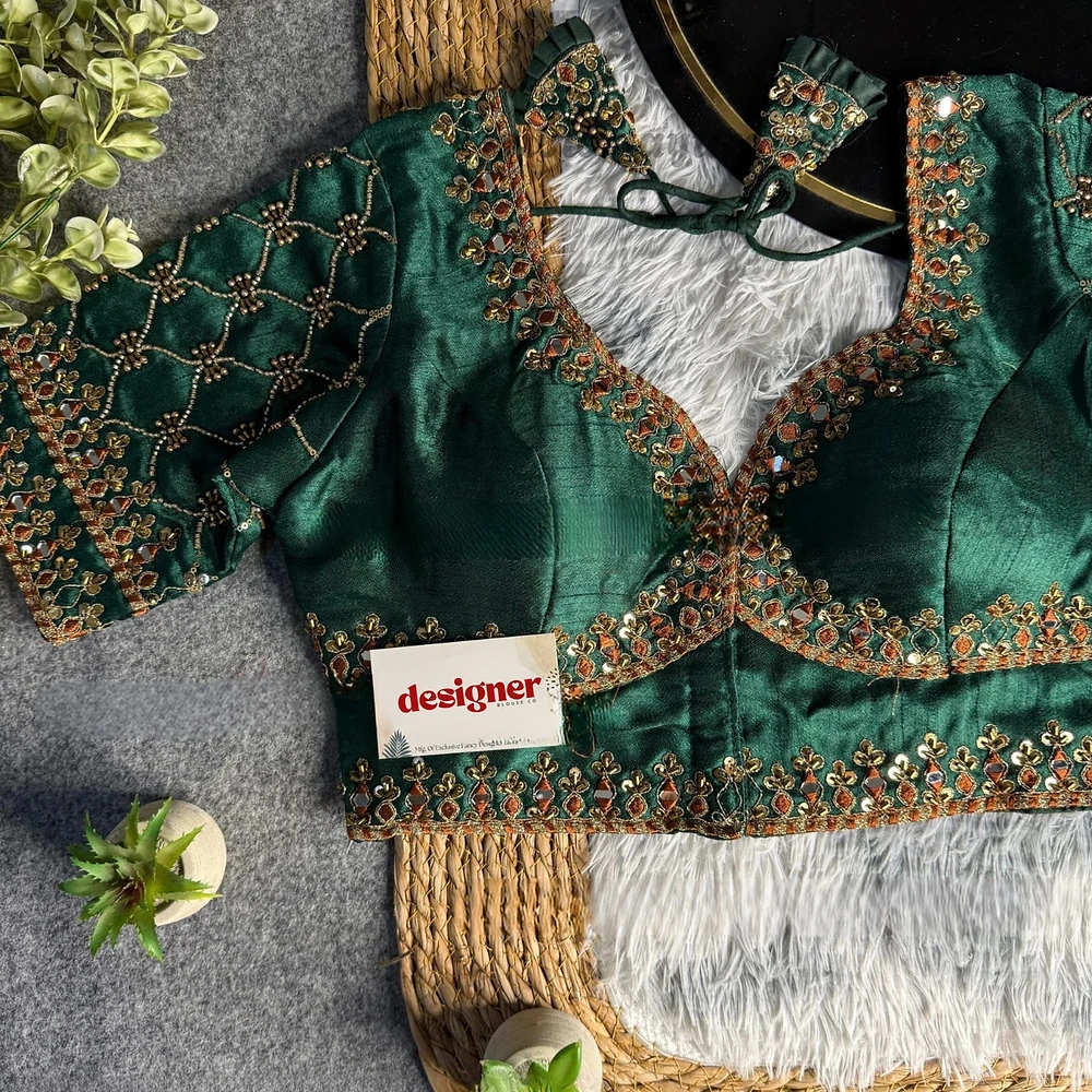 Bottle Green Italian Silk Heavy Embroidery & Beads Work Wedding Blouse — view 1