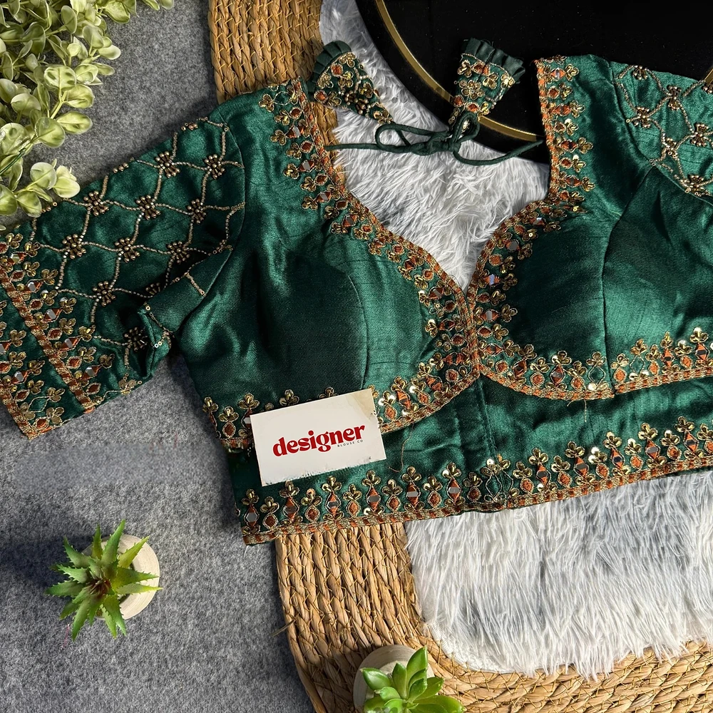 Bottle Green Italian Silk Heavy Embroidery & Beads Work Wedding Blouse — view 2