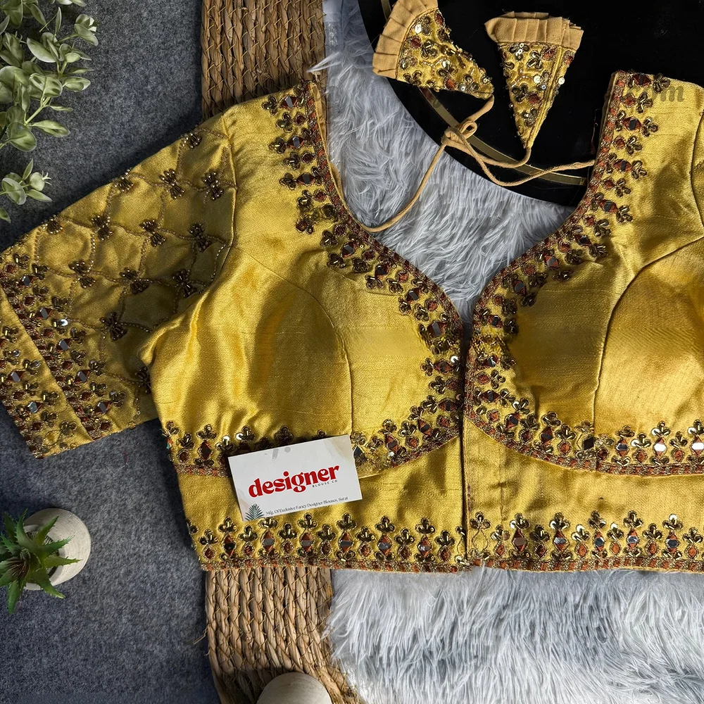 Gold Italian Silk Heavy Embroidery & Beads Work Wedding Blouse — view 1