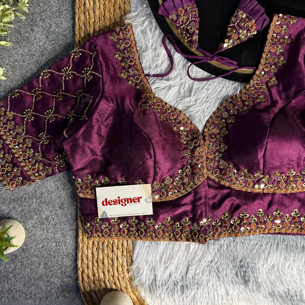 Wine Italian Silk Heavy Embroidery & Beads Work Wedding Blouse — view 1