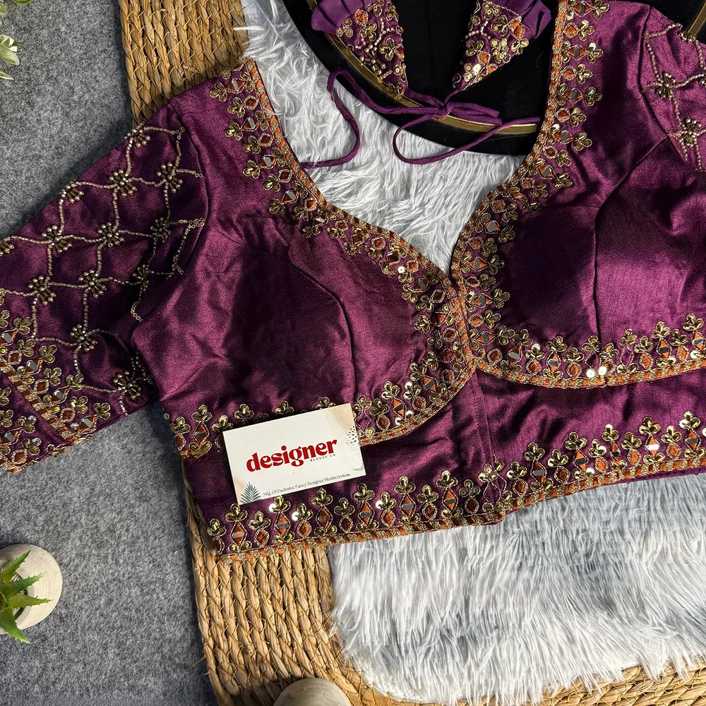Wine Italian Silk Heavy Embroidery & Beads Work Wedding Blouse — view 2