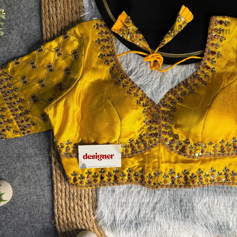 Yellow Italian Silk Heavy Embroidery & Beads Work Wedding Blouse — view 1