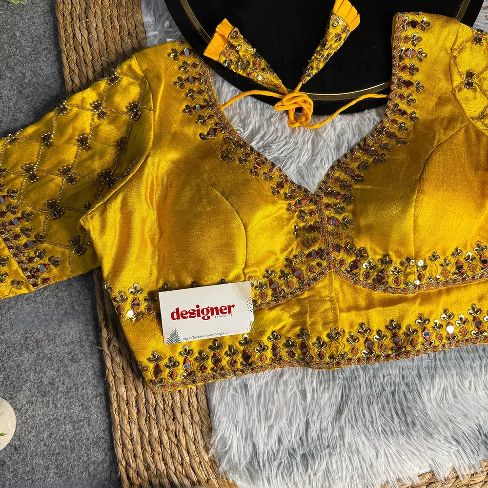 Yellow Italian Silk Heavy Embroidery & Beads Work Wedding Blouse — view 2