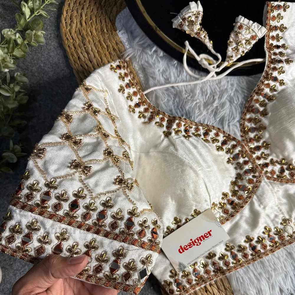 White Italian Silk Heavy Embroidery & Beads Work Wedding Blouse — view 3