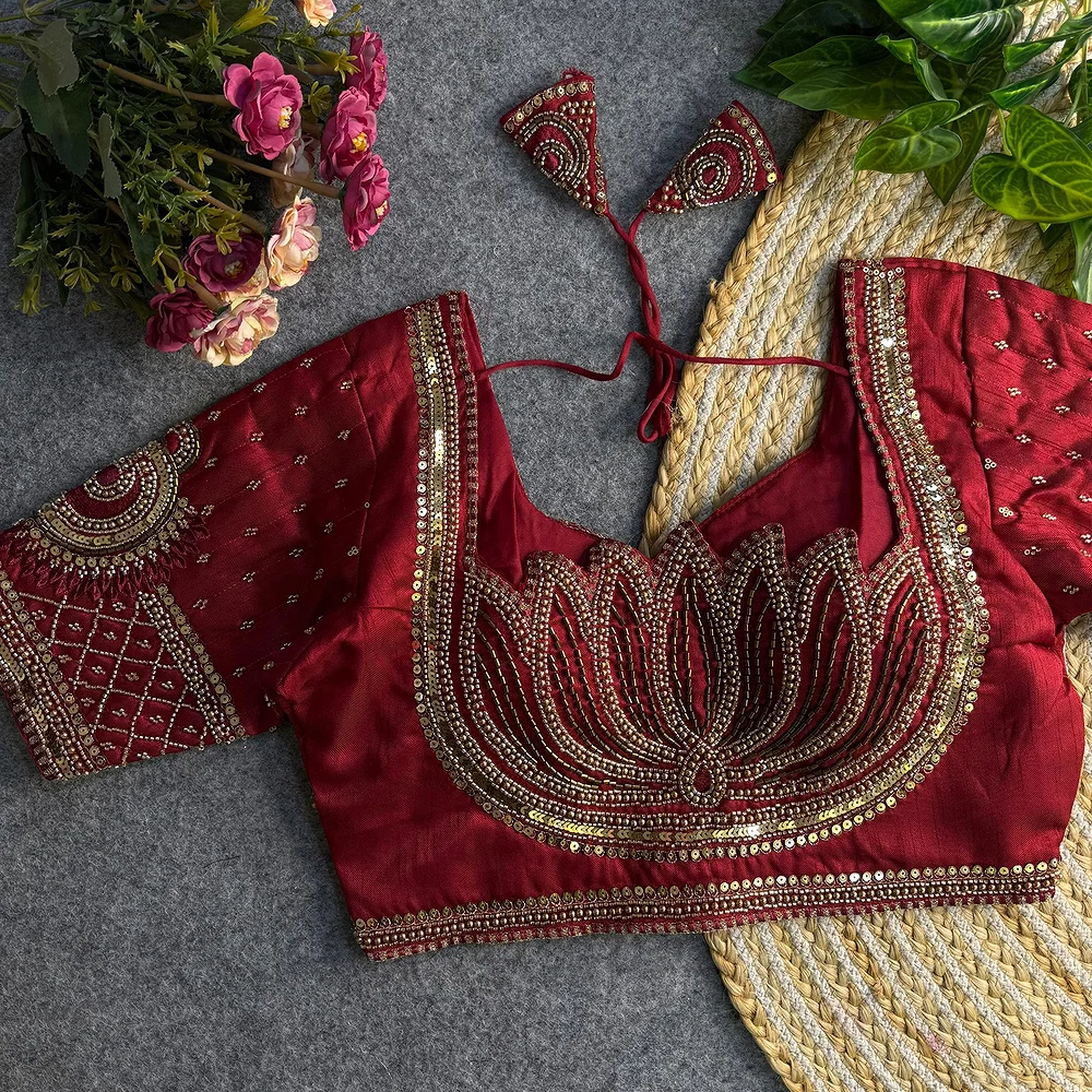 Maroon Color Italian Silk Blouse with Heavy Beads and Sequence Work  — view 1