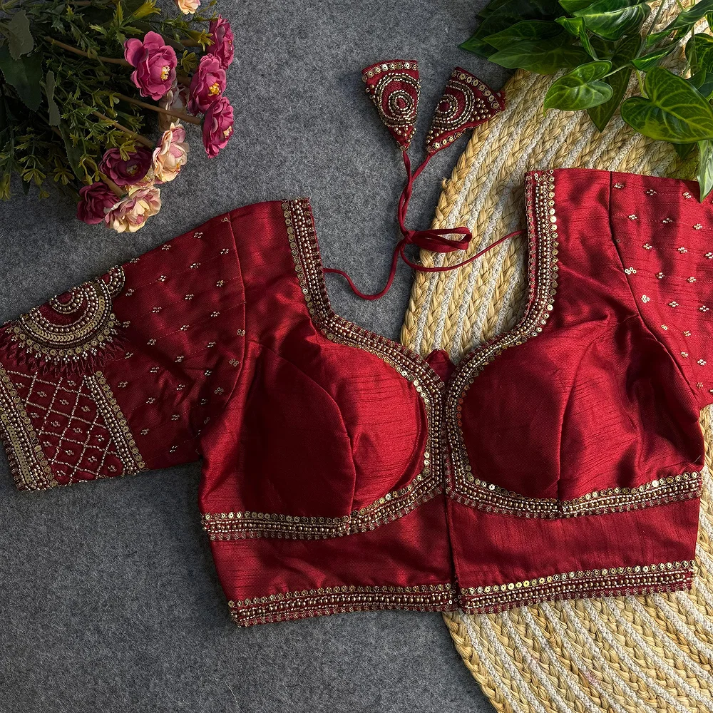 Maroon Color Italian Silk Blouse with Heavy Beads and Sequence Work  — view 2