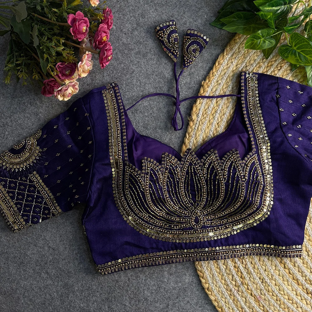 Purple Color Italian Silk Blouse with Heavy Beads and Sequence Work  — view 1