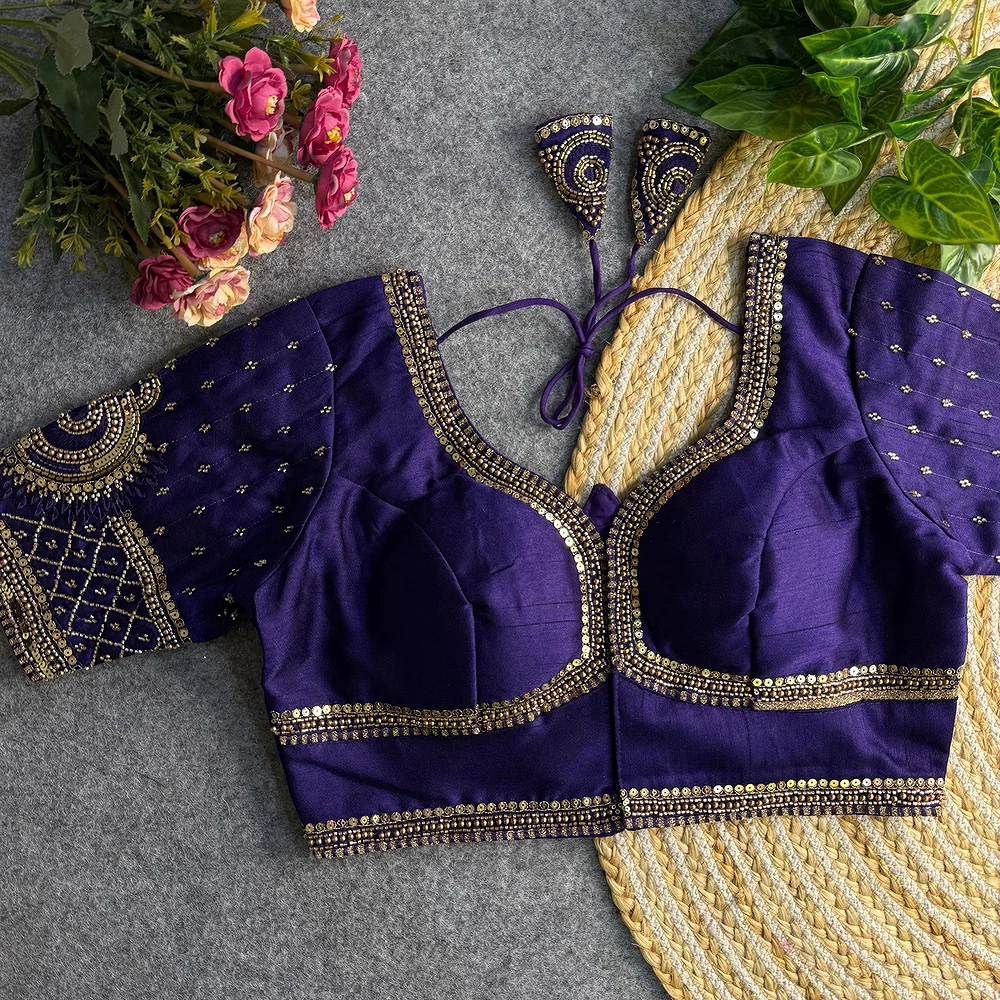 Purple Color Italian Silk Blouse with Heavy Beads and Sequence Work  — view 2