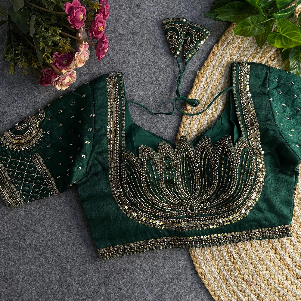 Bottle Green Color Italian Silk Blouse with Heavy Beads and Sequence Work  — view 1
