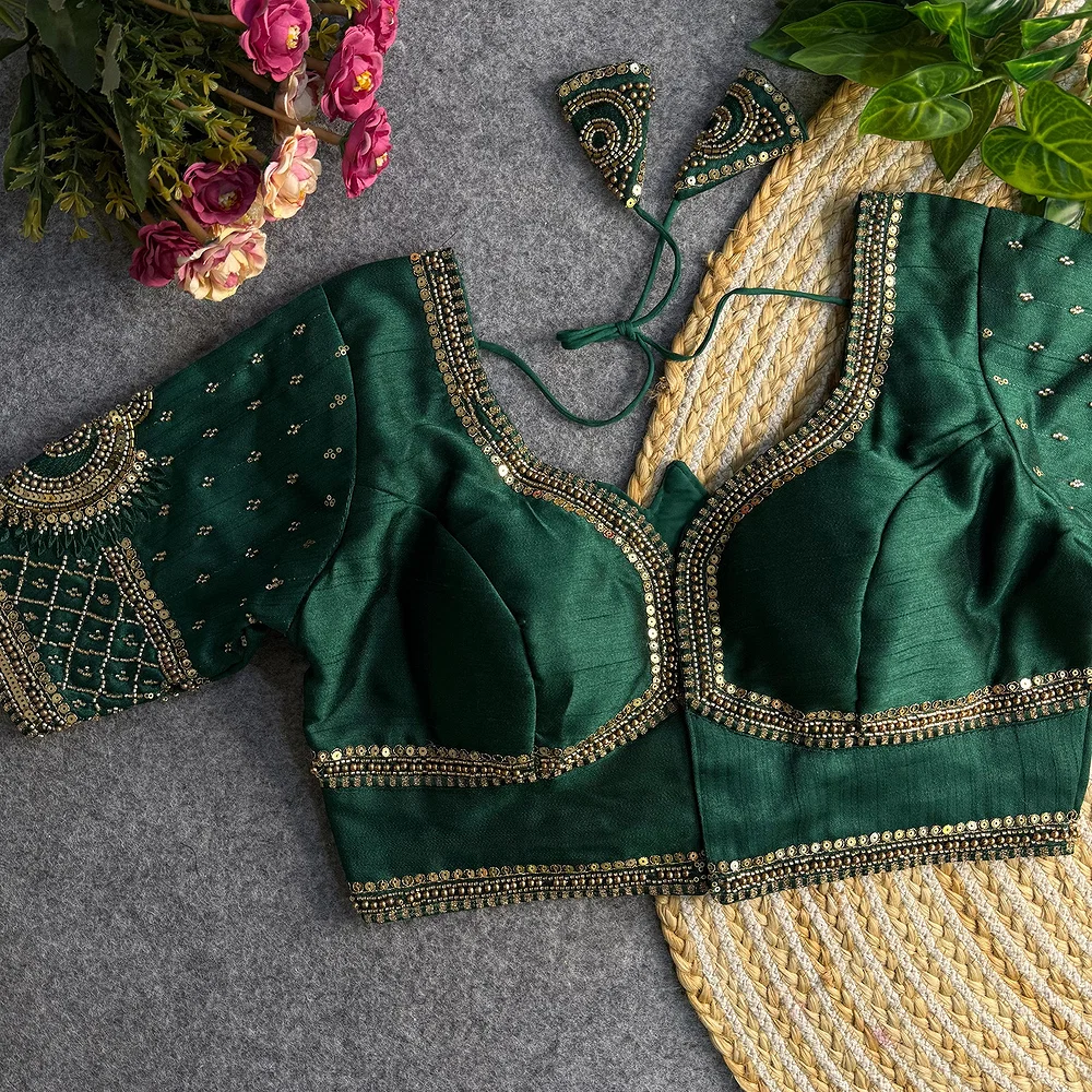 Bottle Green Color Italian Silk Blouse with Heavy Beads and Sequence Work  — view 2