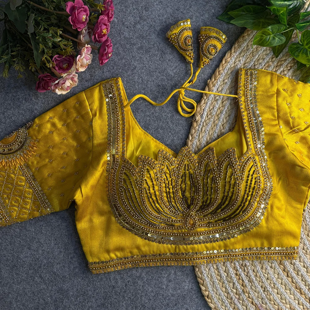 Yellow Color Italian Silk Blouse with Heavy Beads and Sequence Work  — view 1