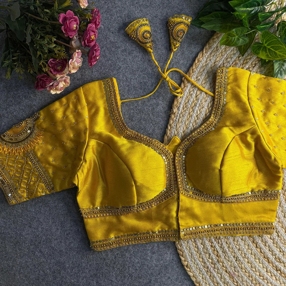 Yellow Color Italian Silk Blouse with Heavy Beads and Sequence Work  — view 2