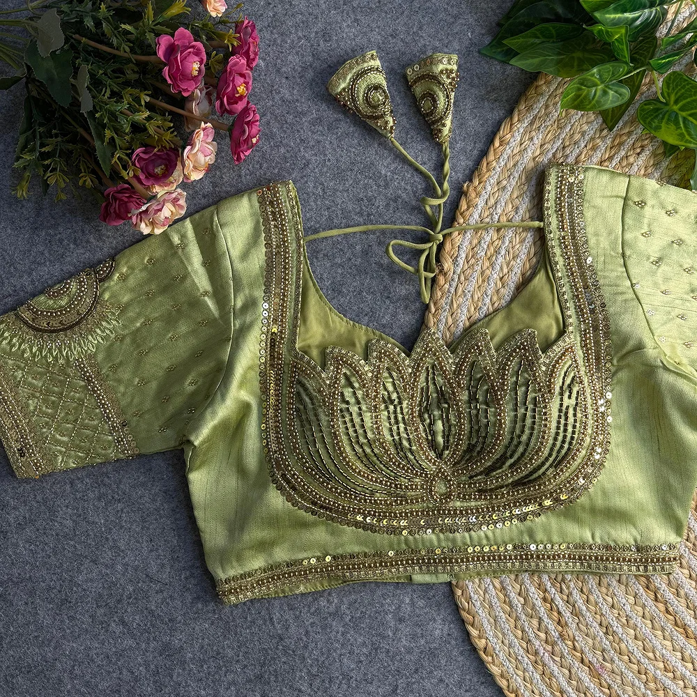 Pista Green Color Italian Silk Blouse with Heavy Beads and Sequence Work  — view 1