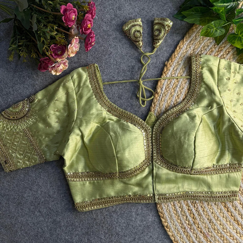 Pista Green Color Italian Silk Blouse with Heavy Beads and Sequence Work  — view 2