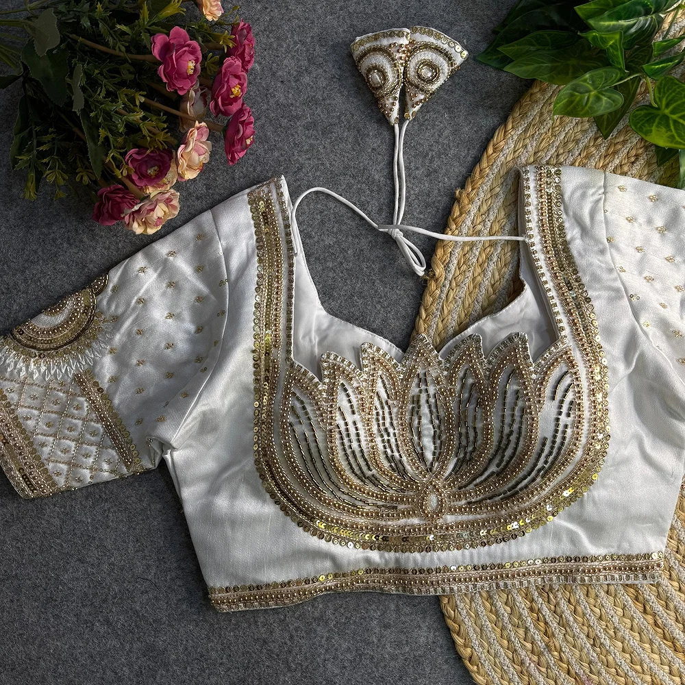 White Color Italian Silk Blouse with Heavy Beads and Sequence Work  — view 1