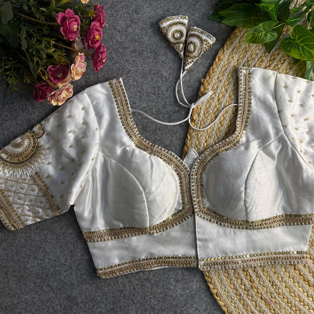 White Color Italian Silk Blouse with Heavy Beads and Sequence Work  — view 2