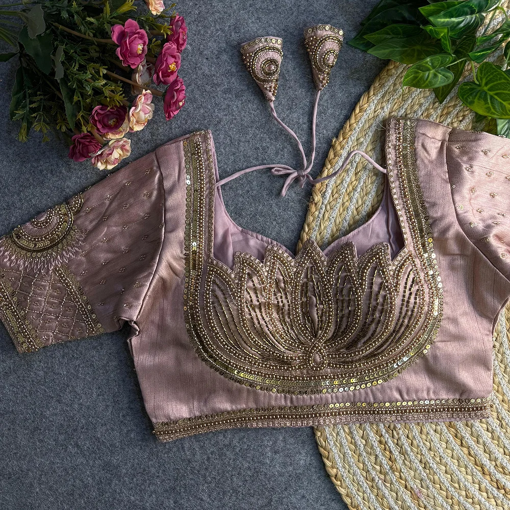 Onion Pink Color Italian Silk Blouse with Heavy Beads and Sequence Work  — view 1