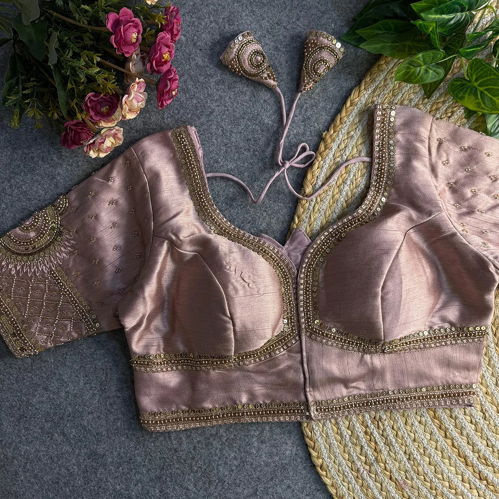 Onion Pink Color Italian Silk Blouse with Heavy Beads and Sequence Work  — view 2