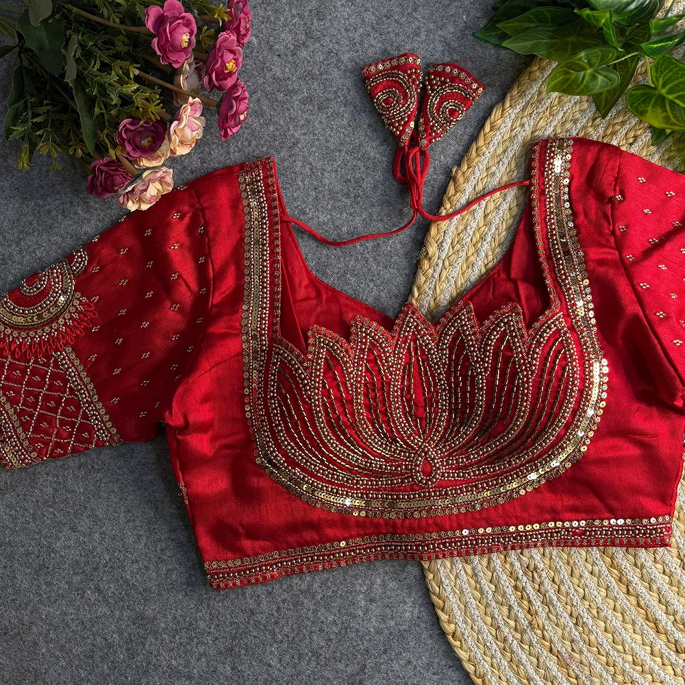Red Color Italian Silk Blouse with Heavy Beads and Sequence Work  — view 1