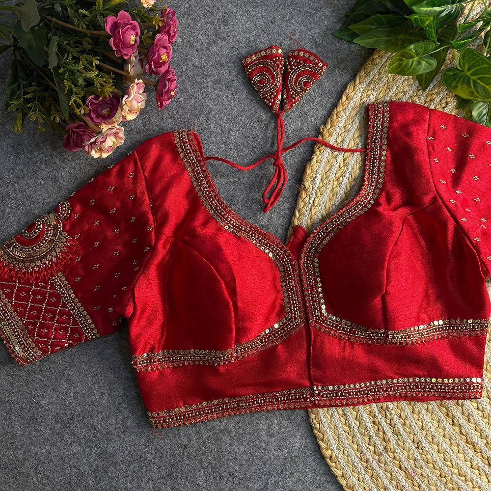 Red Color Italian Silk Blouse with Heavy Beads and Sequence Work  — view 2