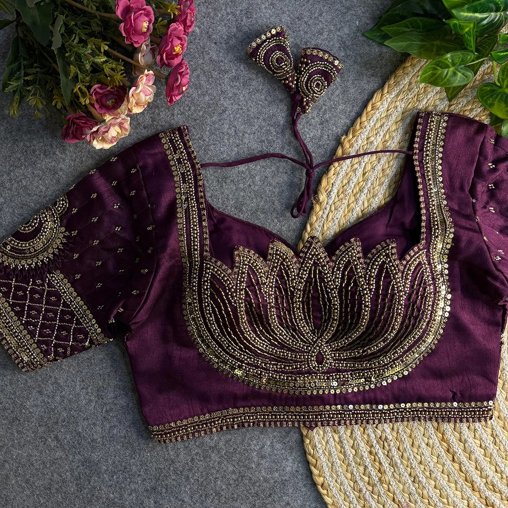 Wine Color Italian Silk Blouse with Heavy Beads and Sequence Work  — view 1