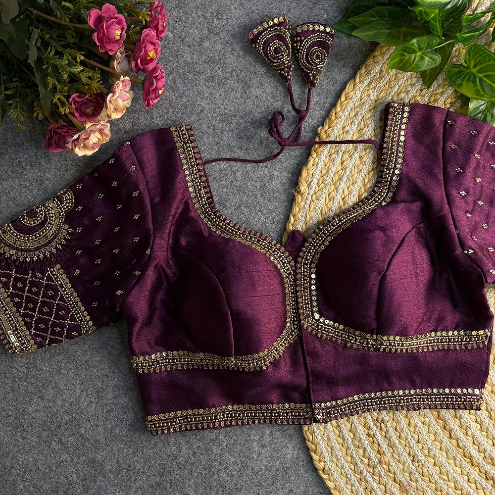 Wine Color Italian Silk Blouse with Heavy Beads and Sequence Work  — view 2