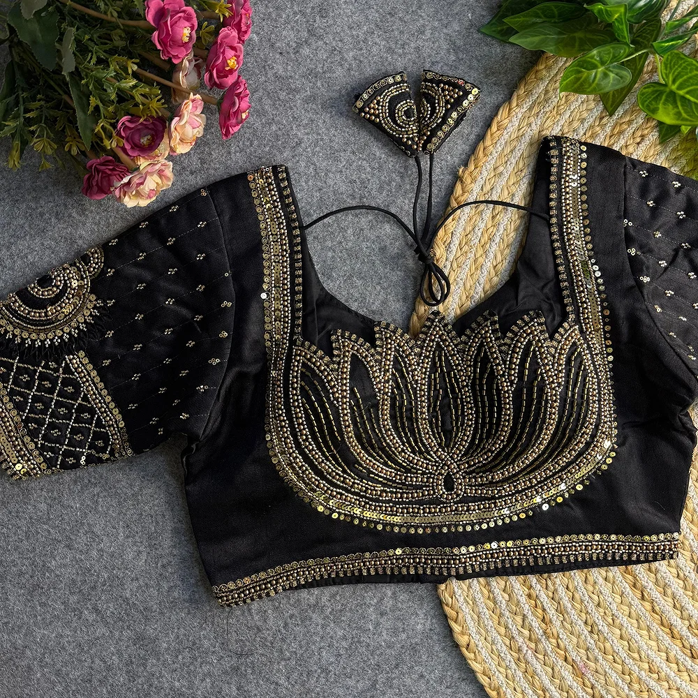 Black Color Italian Silk Blouse with Heavy Beads and Sequence Work  — view 1