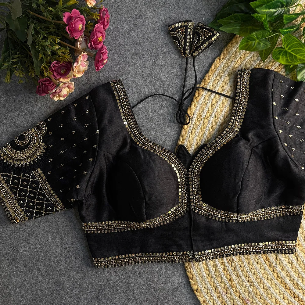 Black Color Italian Silk Blouse with Heavy Beads and Sequence Work  — view 2