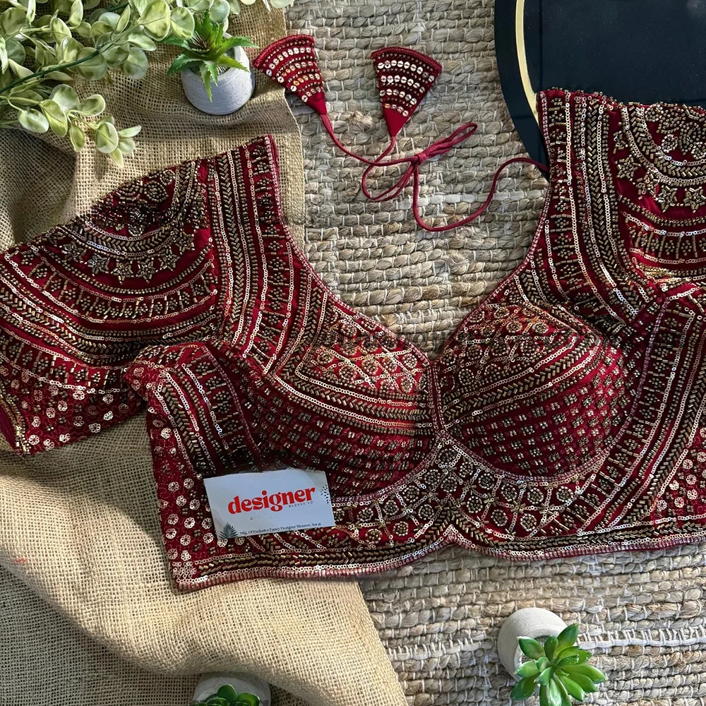 Maroon Handwork Beads Partywear Sabyasachi Neck Blouse in Pure Fox Georgette — view 1
