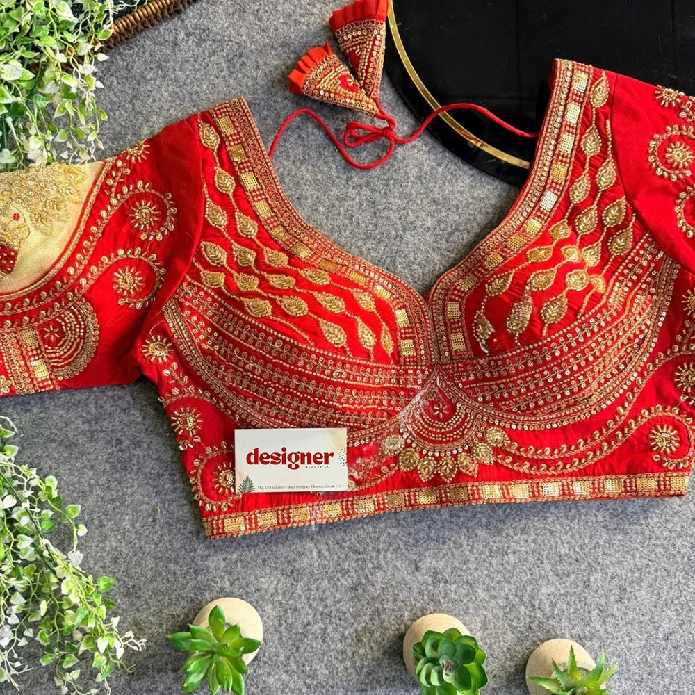 Red Sabyasachi-Style Beads & Embroidery Partywear Blouse in Roman Silk — view 1