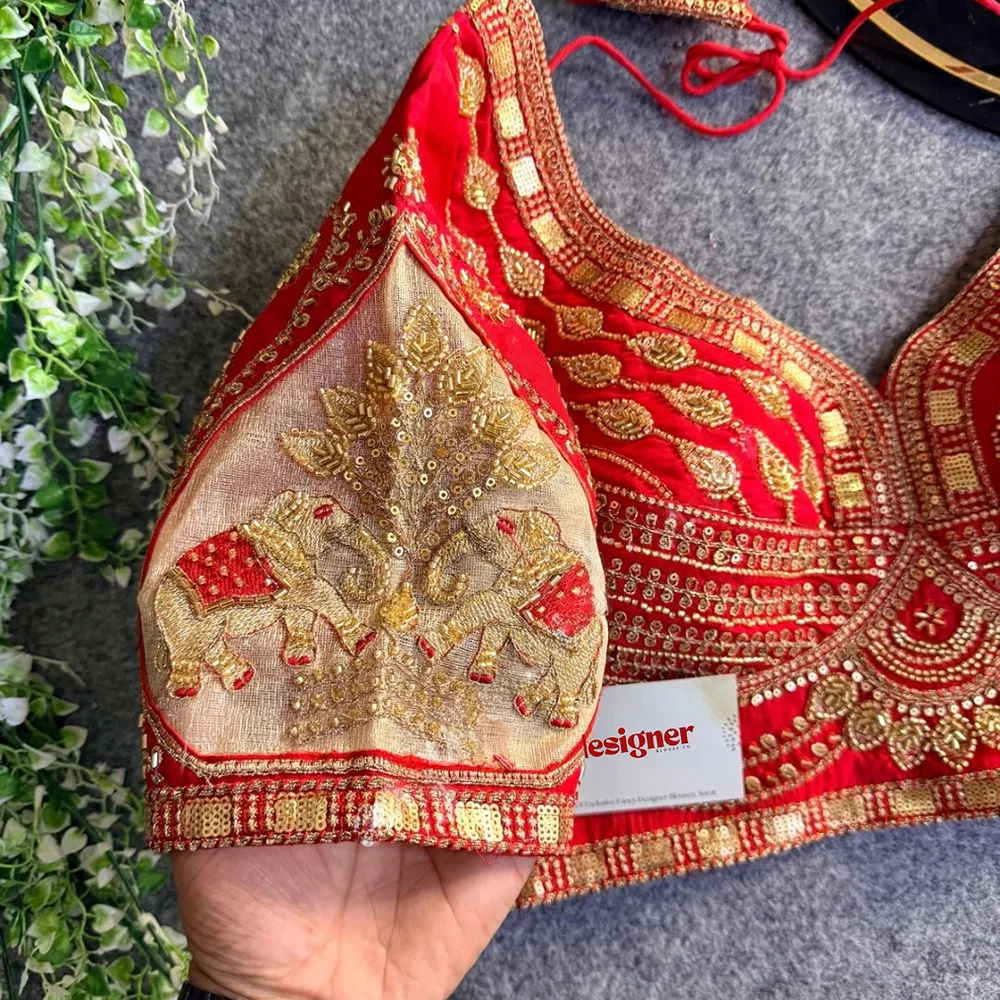 Red Sabyasachi-Style Beads & Embroidery Partywear Blouse in Roman Silk — view 2
