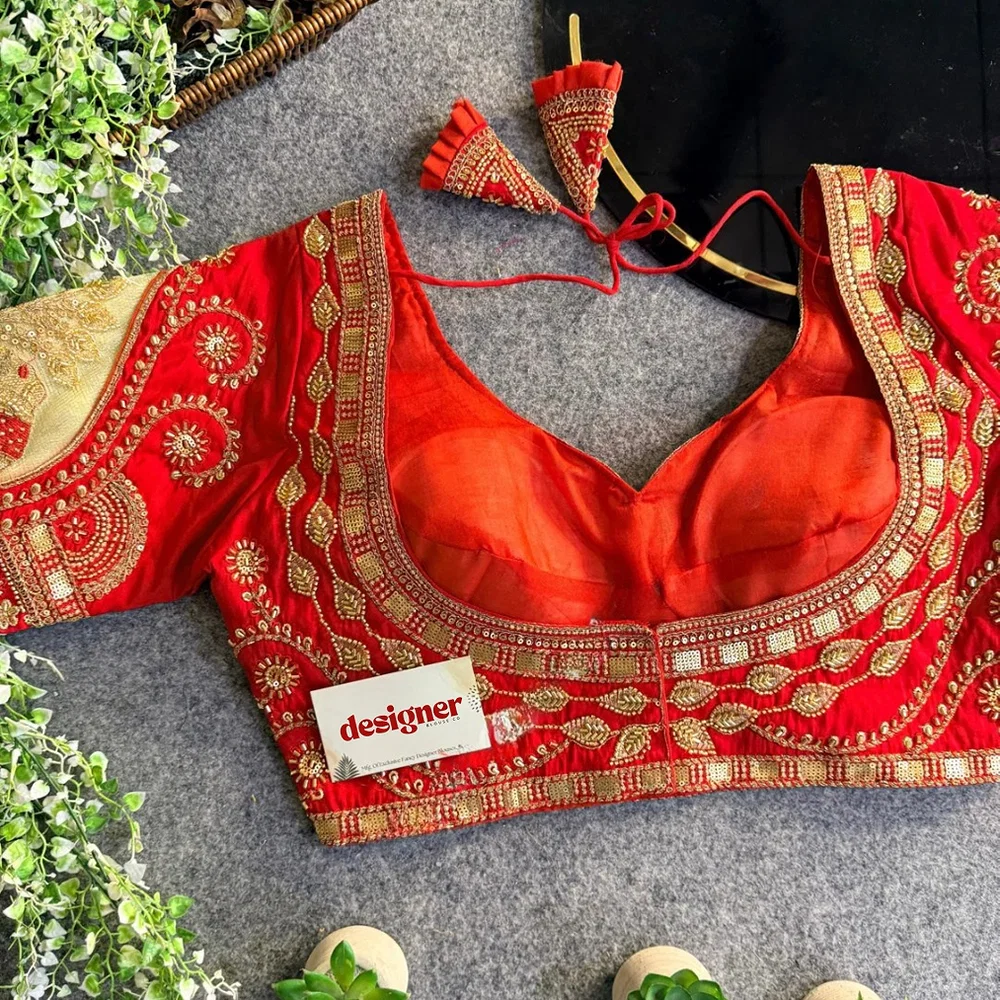 Red Sabyasachi-Style Beads & Embroidery Partywear Blouse in Roman Silk — view 3