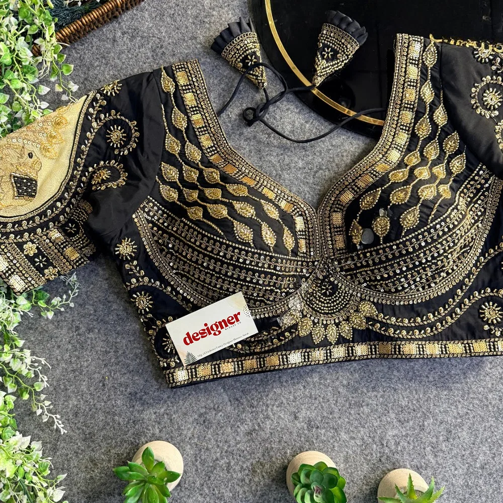 Black Sabyasachi-Style Beads & Embroidery Partywear Blouse in Roman Silk — view 1