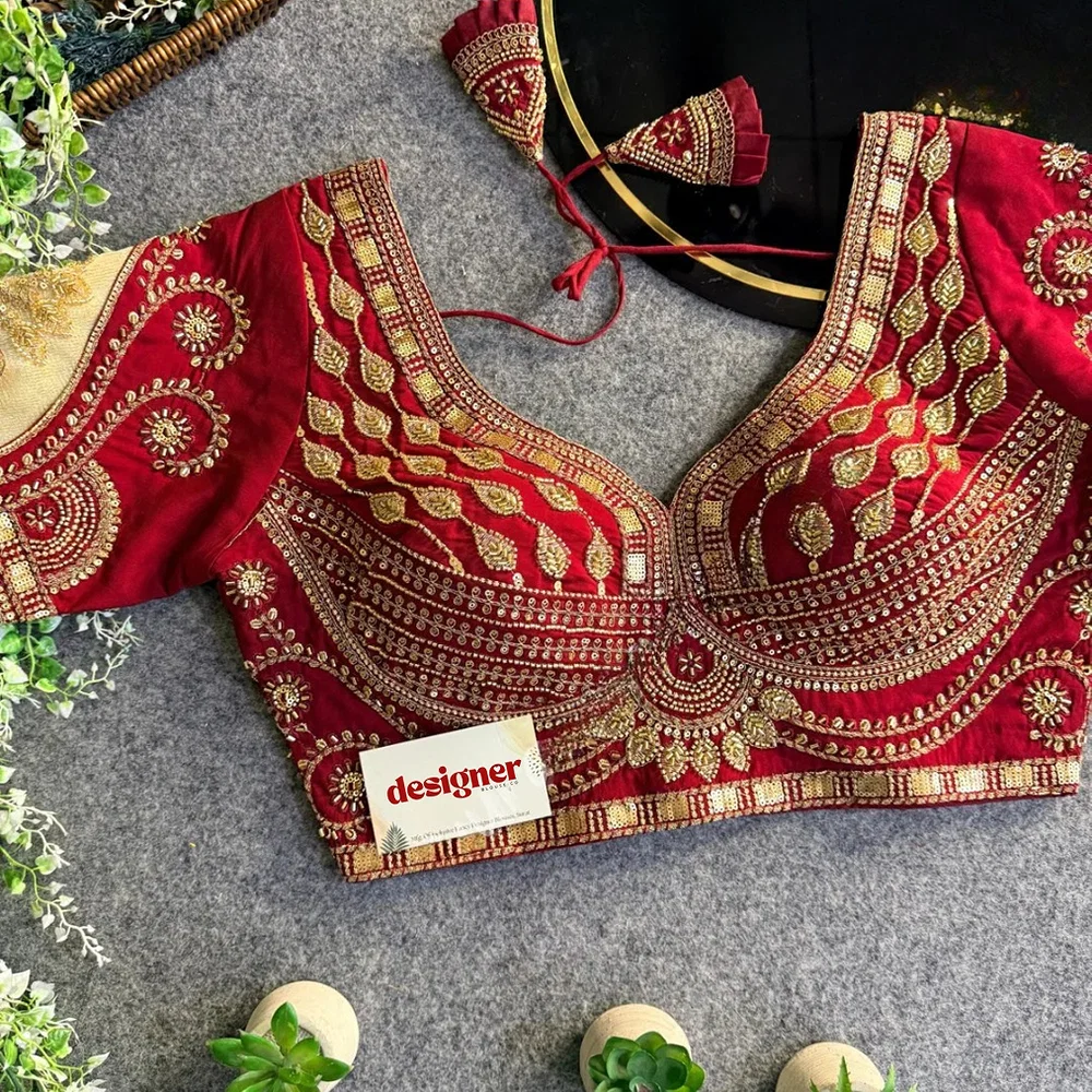 Maroon Sabyasachi Style Beads & Embroidery Partywear Blouse in Roman Silk — view 1