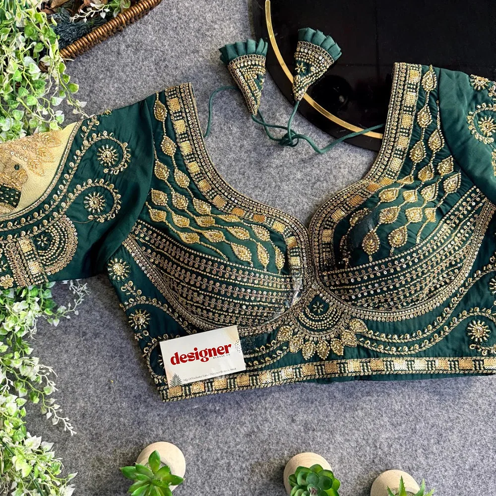 Bottle Green Sabyasachi Style Beads & Embroidery Partywear Blouse in Roman Silk — view 1