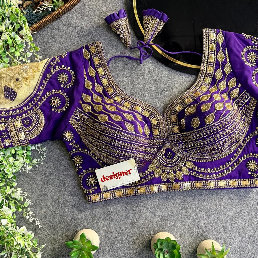 Purple Sabyasachi Style Beads & Embroidery Partywear Blouse in Roman Silk — view 1