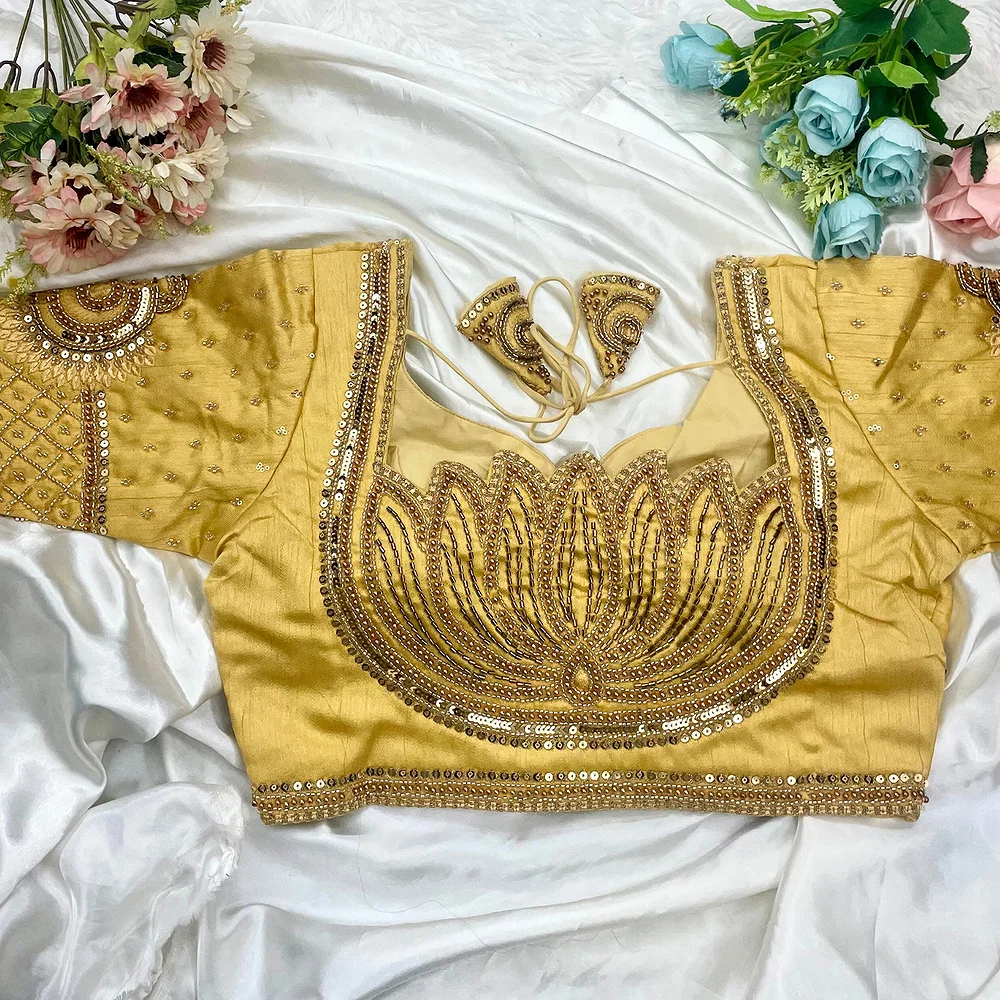 Gold Italian Silk Blouse with Heavy Beads and Sequence Work  — view 1