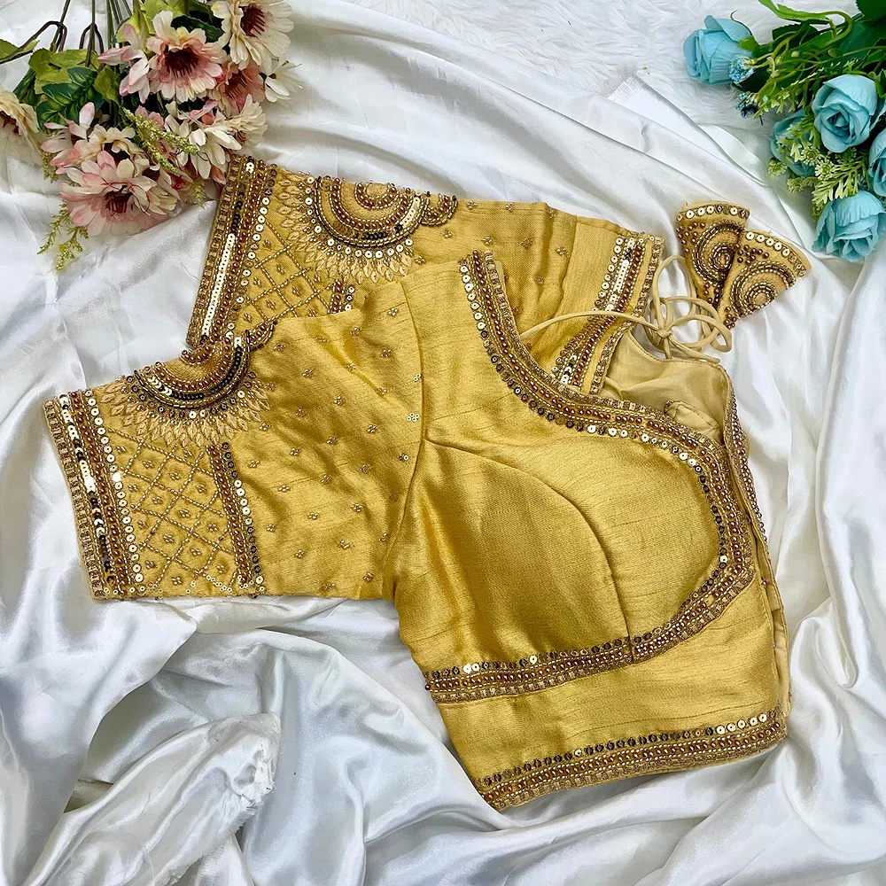 Gold Italian Silk Blouse with Heavy Beads and Sequence Work  — view 2