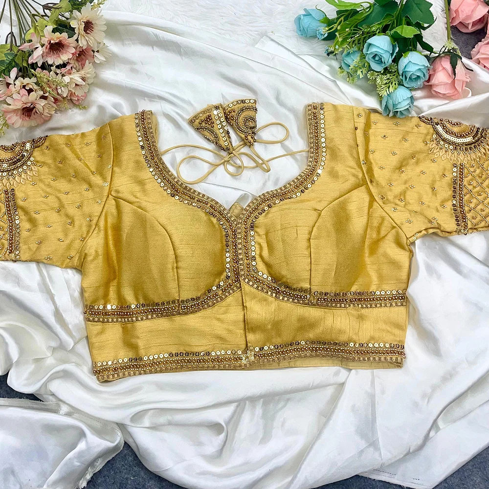 Gold Italian Silk Blouse with Heavy Beads and Sequence Work  — view 3