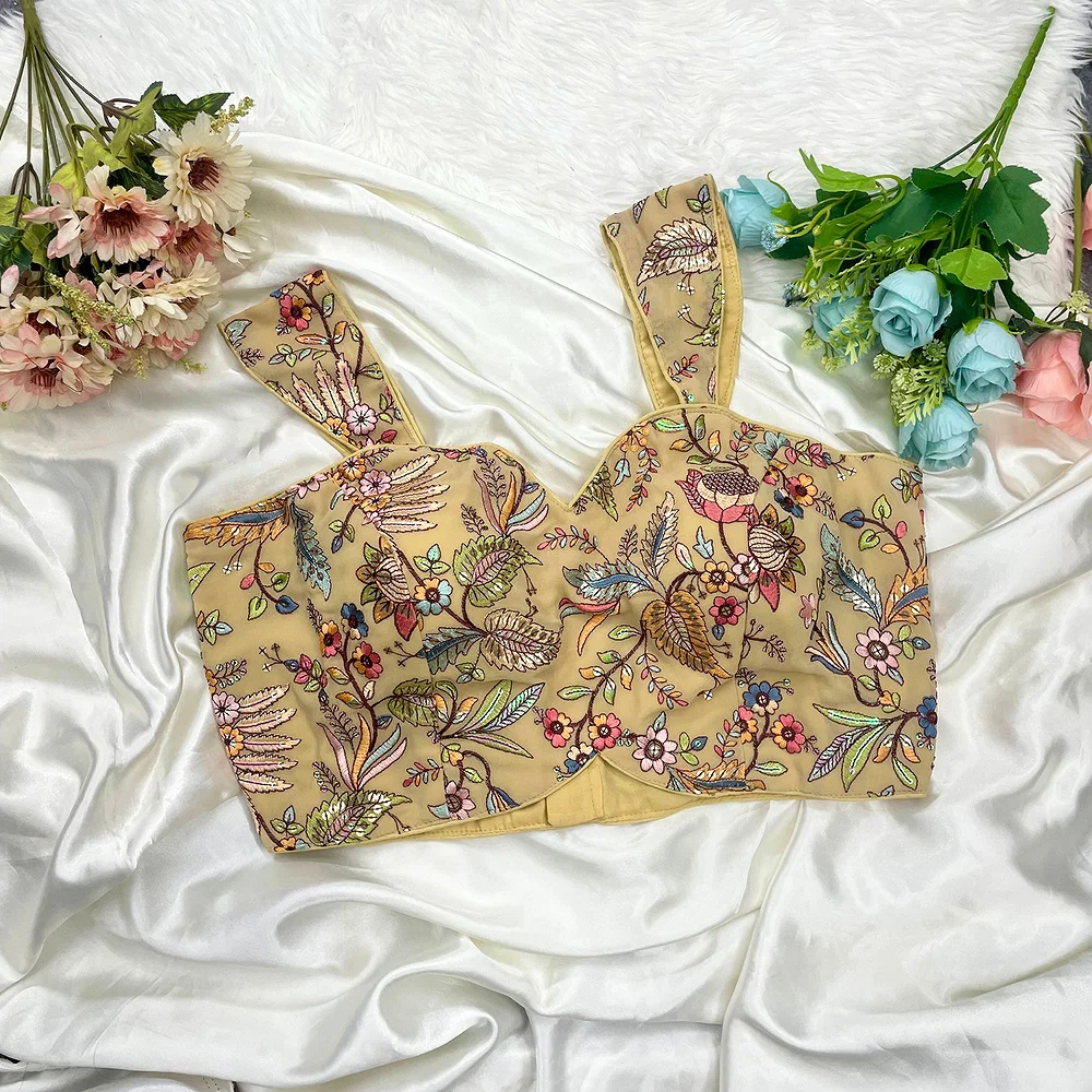 Beige Color Readymade Georgette Sleeveless Blouse For Navratri — view 1