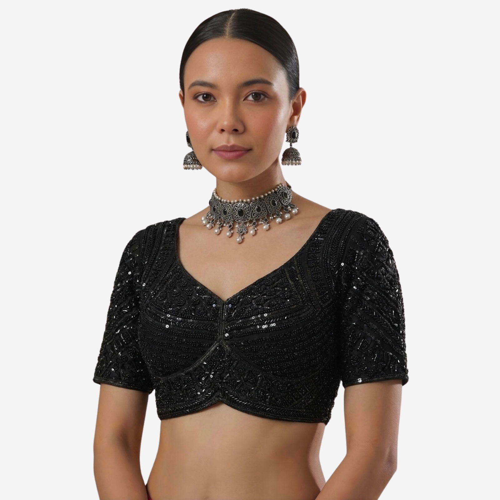 Black Green Handwork Beads Partywear Sabyasachi Neck Blouse in Pure Fox Georgette