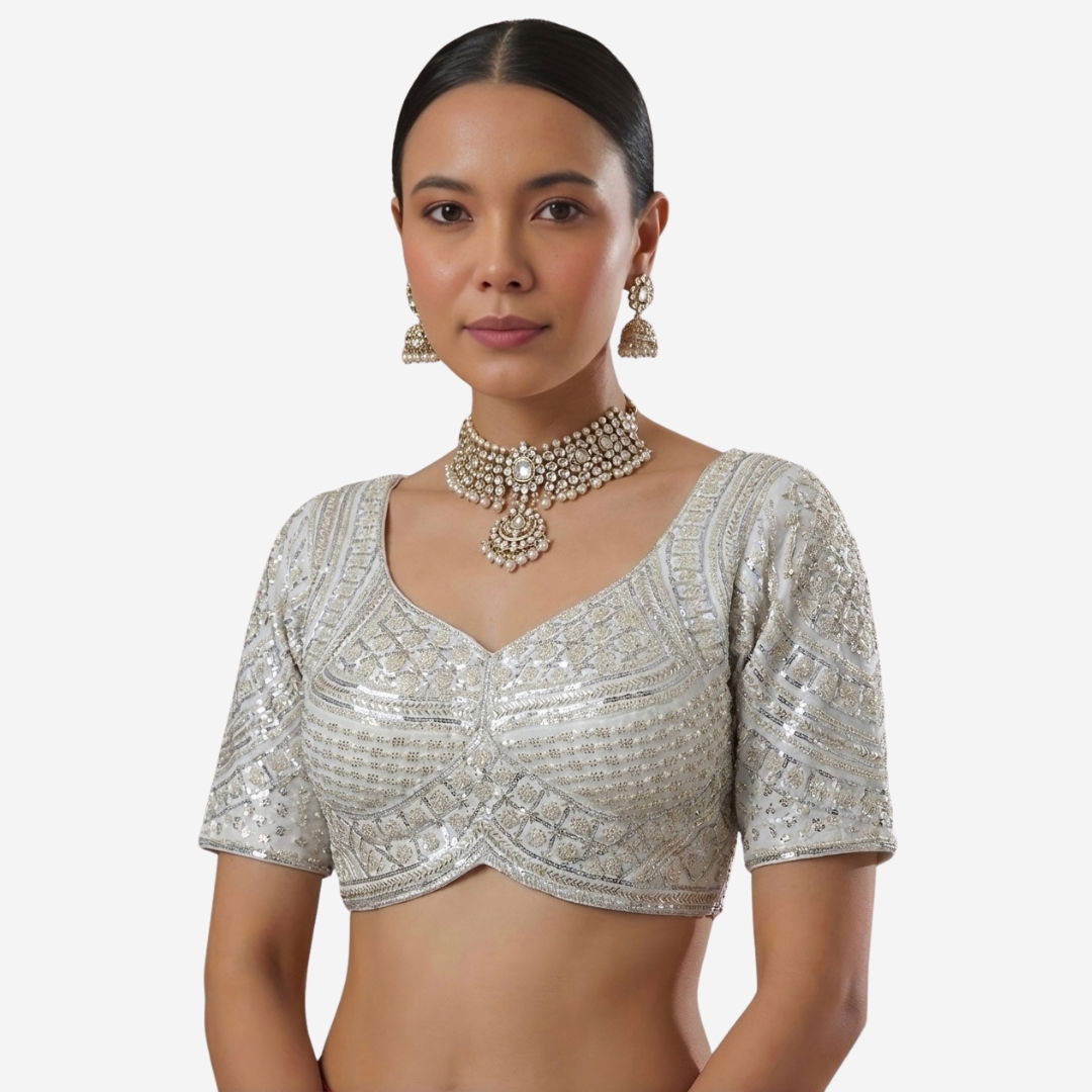 Silver Handwork Beads Partywear Sabyasachi Neck Blouse in Pure Fox Georgette