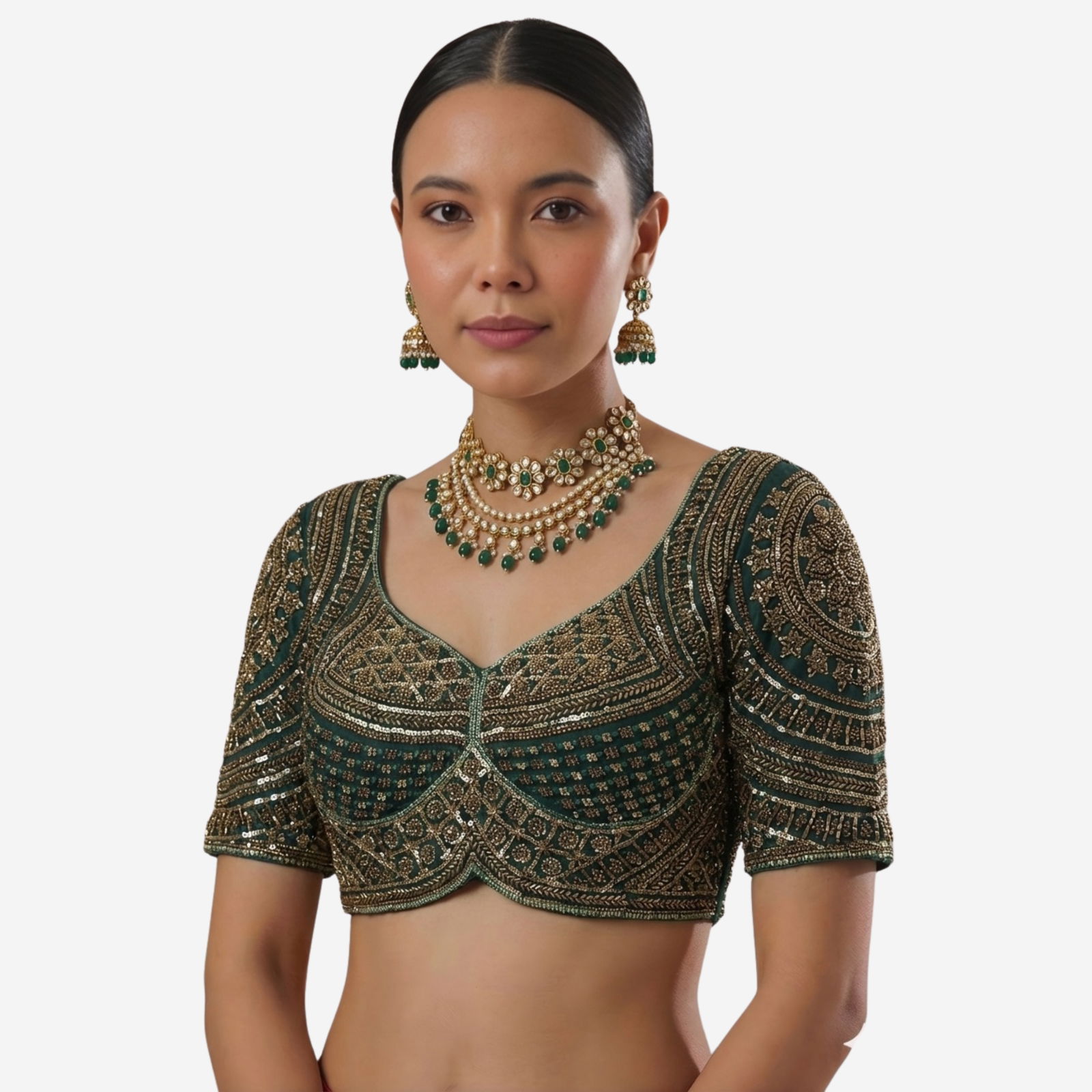 Bottle Green Handwork Beads Partywear Sabyasachi Neck Blouse in Pure Fox Georgette